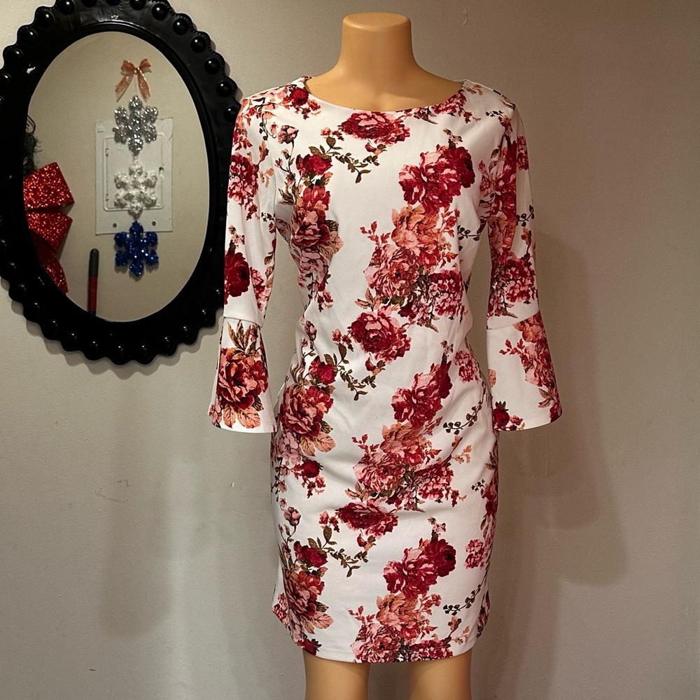 ENFOCUS STUDIO ELEGANT MID DRESS WHITE WITH FLOWERS PRINTED LONG SLEEVE SIZE 12